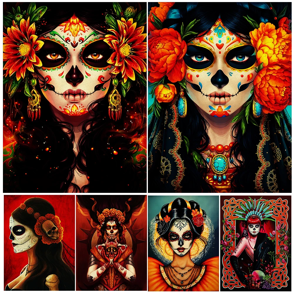 

Day Of The Dead Girl Makeup,Vintage Wall Art Canvas Painting,Mexican And Brazilian Festivals Artwork Poster And Print,Home Decor