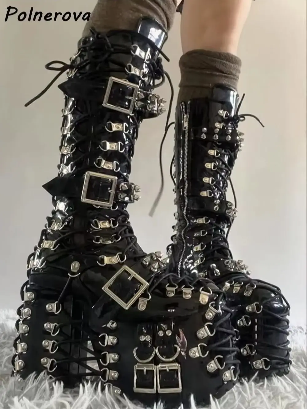 Gothic Spiked Buckle Platform Combat Boots Black Patent Leather Lace-Up Chunky Heel Mid Calf Boots Dark Punk Rock Lolita Shoes