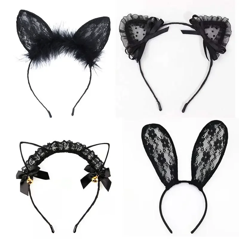 Diadema de encaje Sexy con orejas de conejo y gato, accesorios para el cabello, diadema para eventos, vestido de fiesta, encantadora hebilla de Cosplay