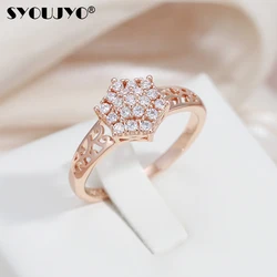 SYOUJYO Hexagon Cutting Zircon Full Paved Rings For Women Luxury 585 Gold Color Bride Wedding Jewelry