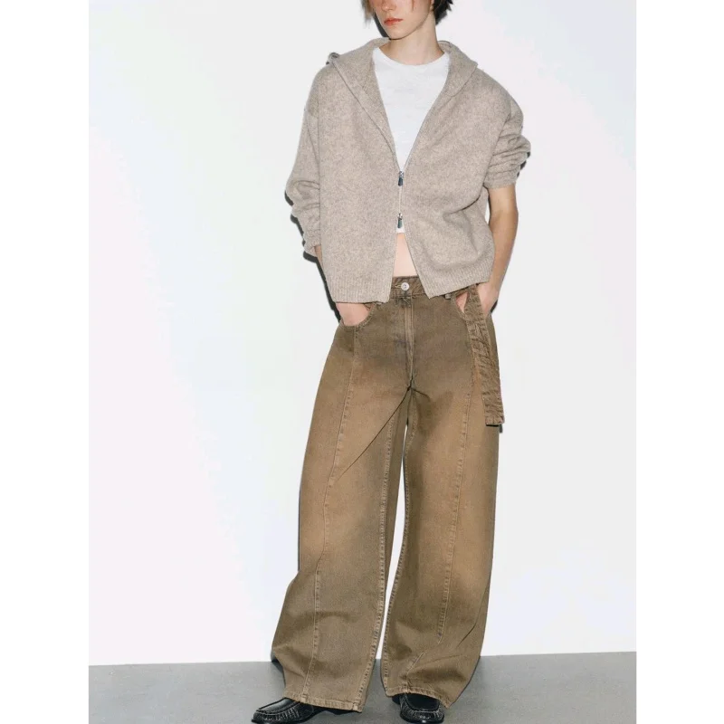 Faionable Lage Taille Loose Fit Denim Jeans Damesriem Versierd Herfst Nieuwe Sle Mid Century Sle Polyestervezel Rits...