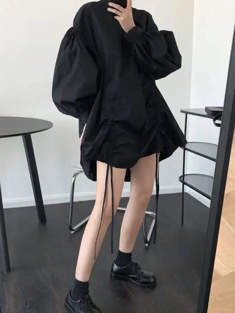 TLXT Mode Gesplitste Onregelmatige Jurk Dames Opstaande Kraag Lantaarnmouwen Trekkoord Designer Korte Jurken Zomer 2025, XK1285