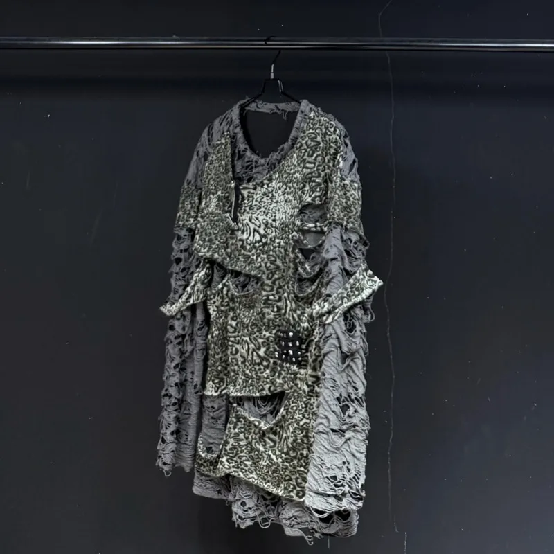 WVGA Spring Autumn New Man Street Style Ripped Long Sleeve T-shirts Niche Chic Casual Vintage Design O-Neck Base Tops Ins W22125