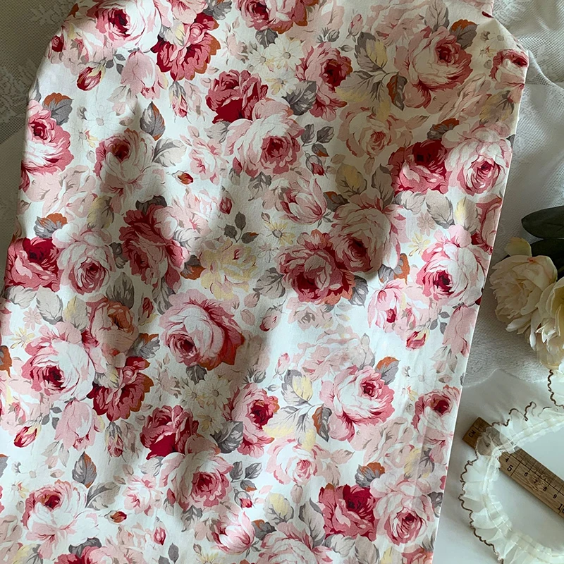 

1m Cotton Vintage Rose Printed Fabric Nordic Floral Print Cloth for Children Clothing Women Dress Bag Home Textiles DIY Sewing