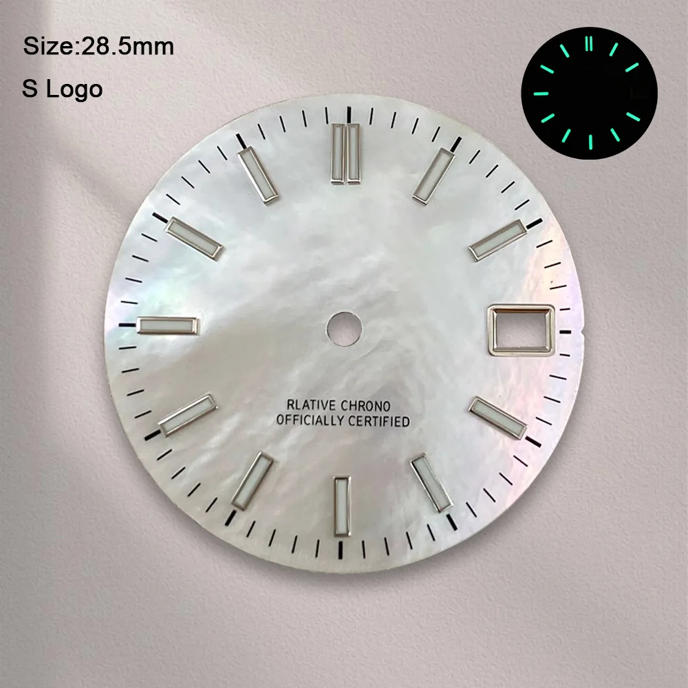 New 28.5mm S Logo NH35 Dial Pearl Dial For NH35 Movement Green Luminous Watch Modification Accessories Repair tools