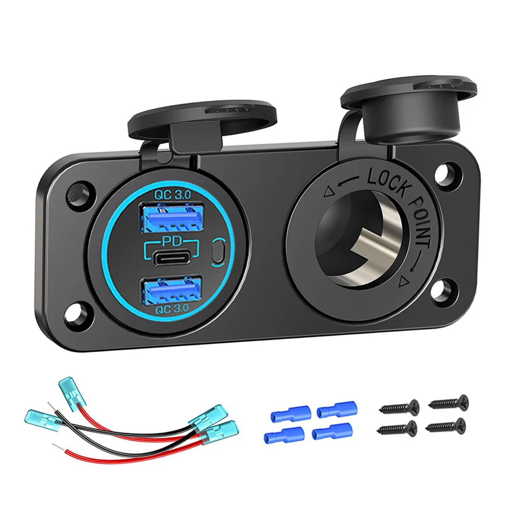 Cigarette Lighter Socket 12V Plug Dual Quick Charger 3.0 & PD 20W Waterproof 12 Volt USB Outlet Panel for Car,Boat,Marine,Bus