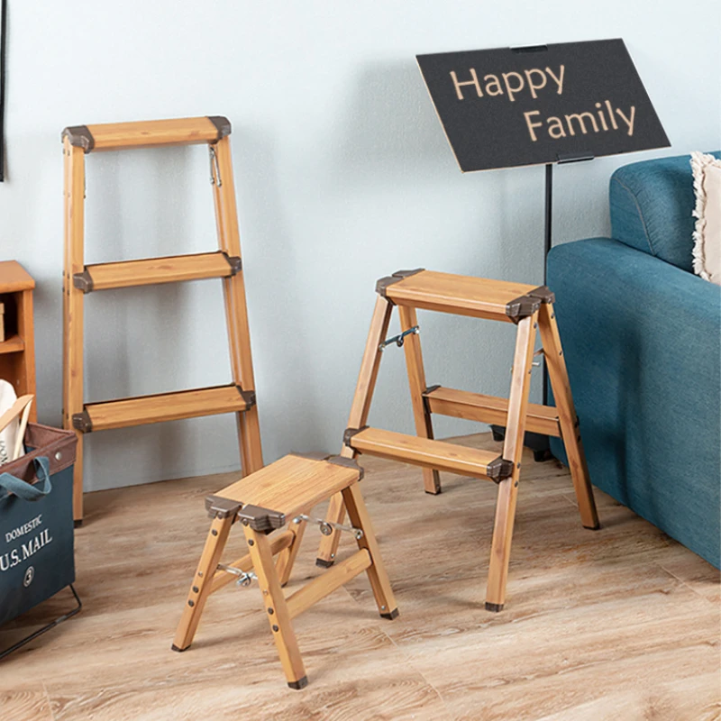 Folding Ladder Stool, Multi-Functional Heavy-Duty Aluminum Step Ladder with Wooden Texture, Space-Saving Stool