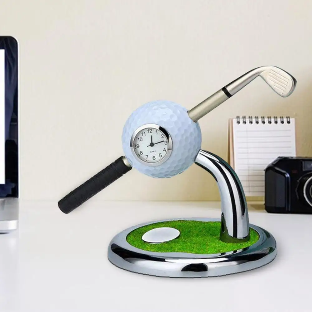 Office Golf Decor Ornament Mini Desktop Golf Watch Pen Holder with Clock Smooth Writing Golf Ball Pen Home Office Ornament Set