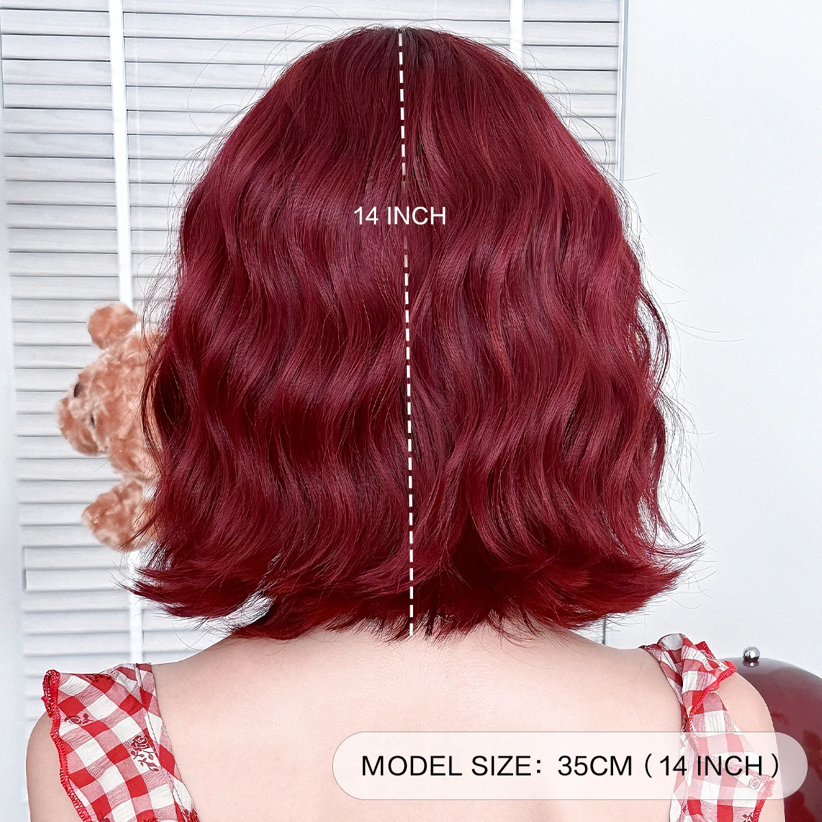 7JHH WIGS Short Water Wave Wine Red Wig for Women Synthetic Modest Fashion Wear and Go Burgundy Bob Wigs with Neat Bangs - view 4