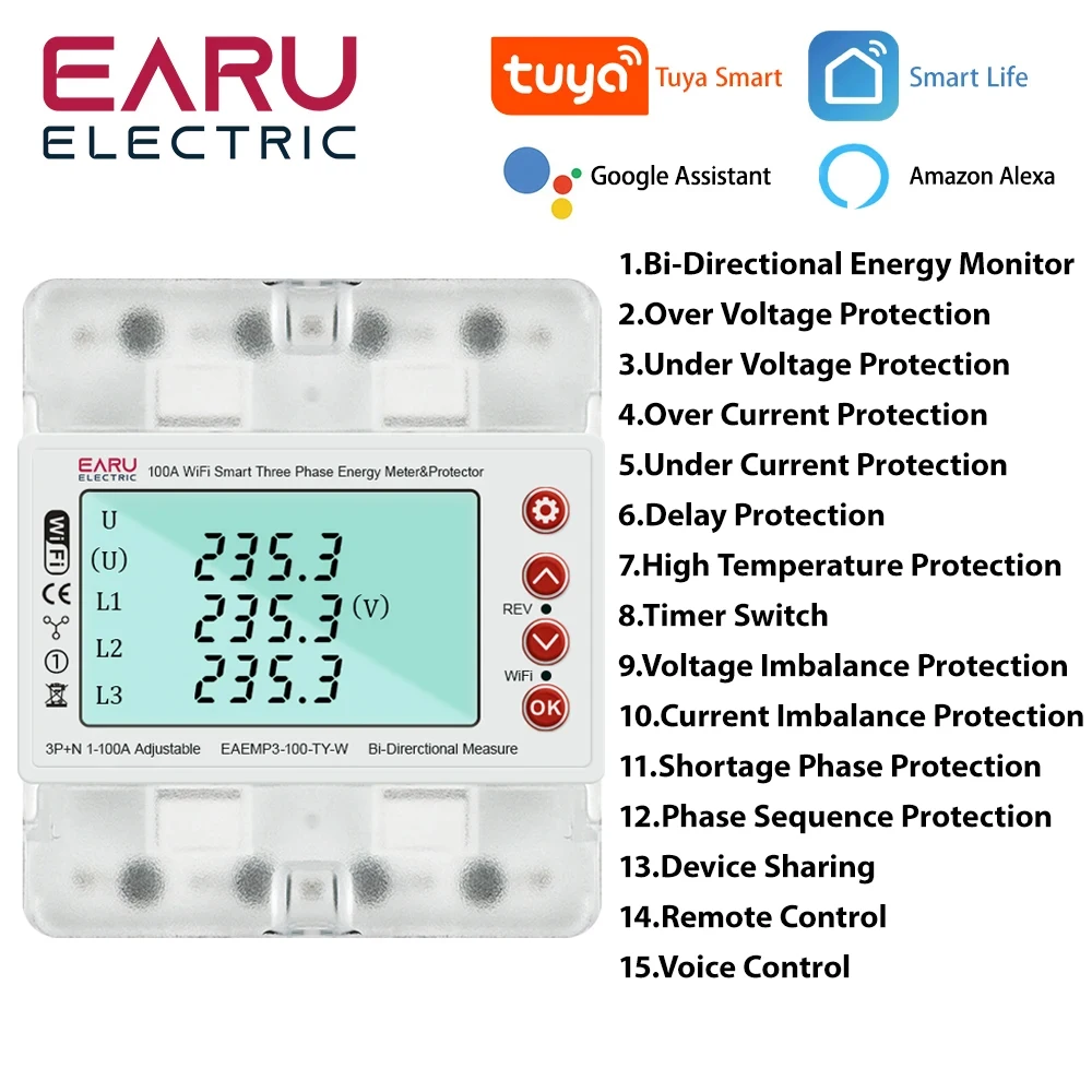 3 相 380V 100A Tuya WiFi スマート双方向エネルギー電力 kWh メーター過不足電圧プロテクターリレースイッチ電流制限