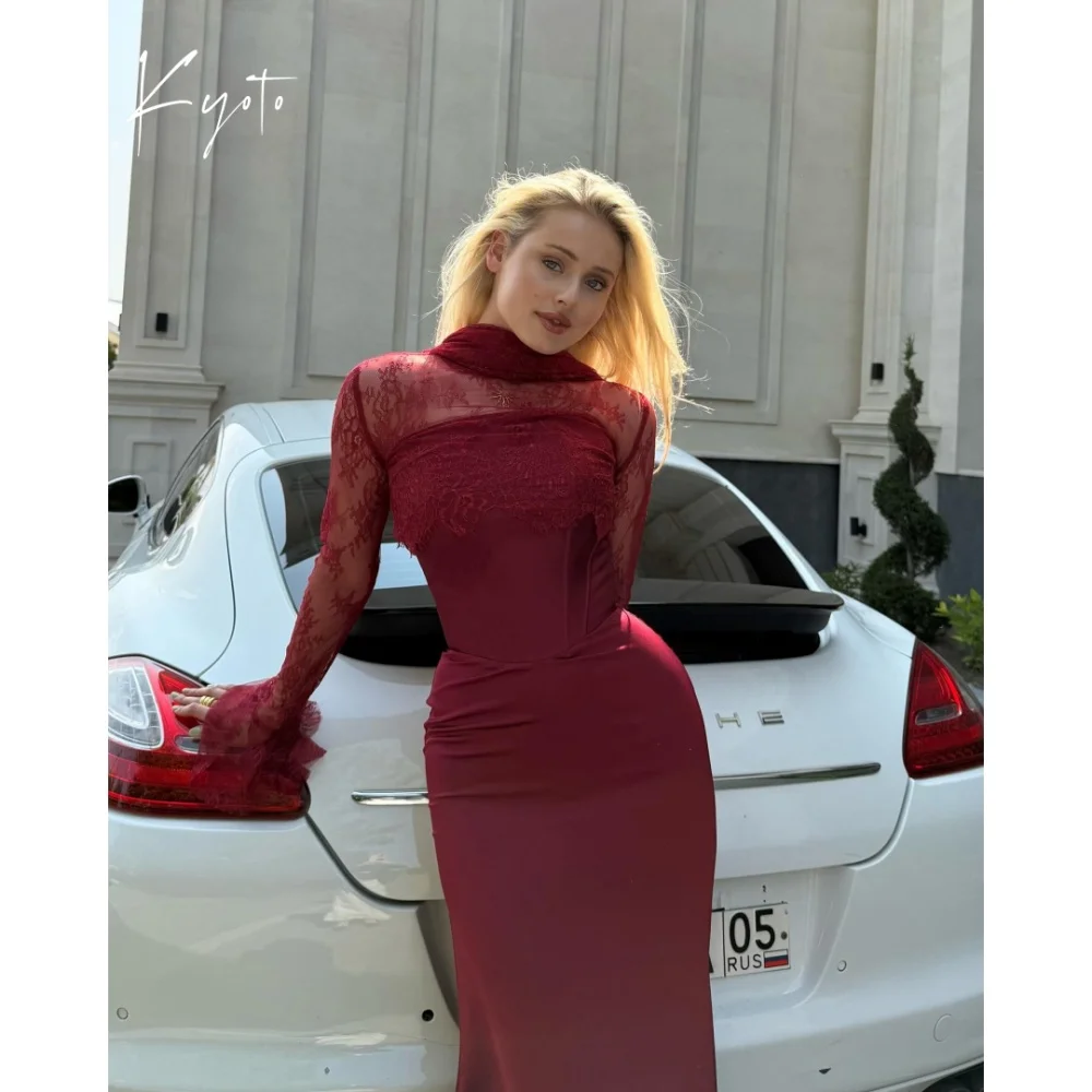 

KyotoProm Sheath Mermaid Lace High Neck Dresses Customized Long Sleeve Burgundyجديد في الفساتينShawl Ankle-Length Evening Dress