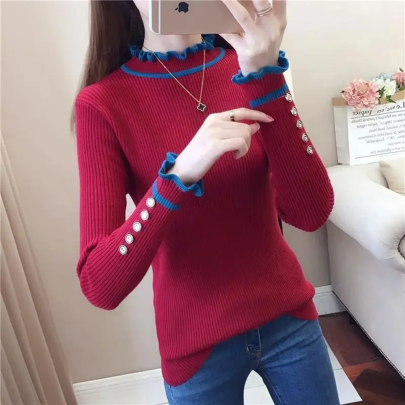 2023 New Vintage Pull Femme Stand Neck Fungus Edge Contrast Color Patchwork Jumpers Long Sleeve Chic Buttons Sweater