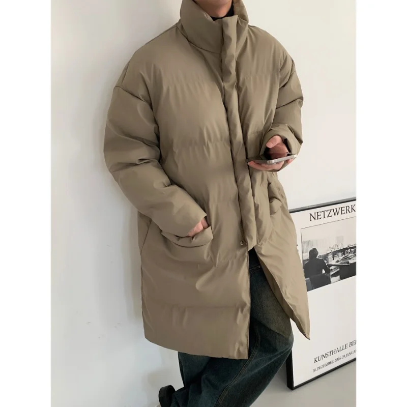 2024 Men's Winter New Parkas Stand Collar Leather Cotton-padded Clothes Men's Medium Long Trendy Loose Warm Cotton-padded Tops