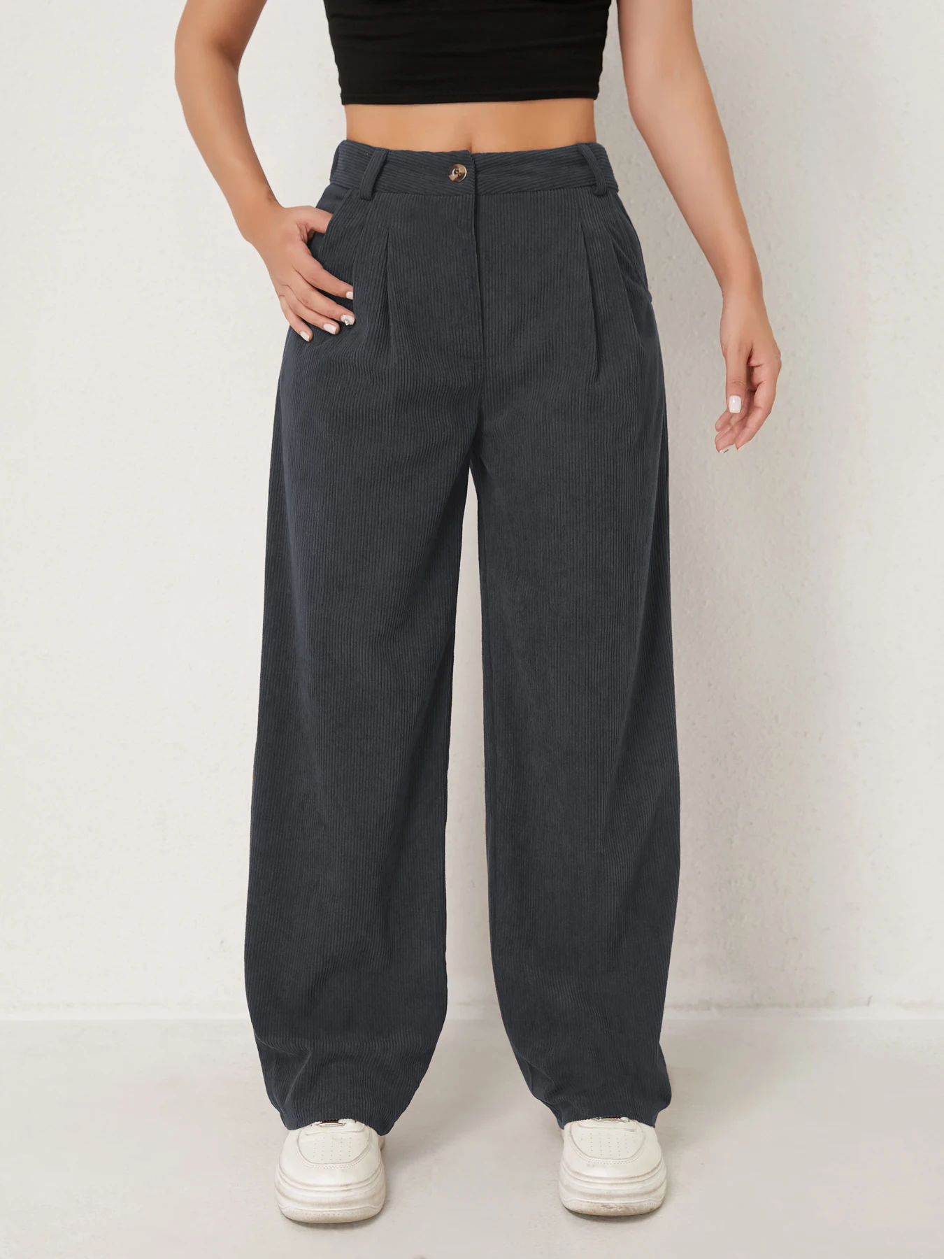Neue Herbst- und Winter-Freizeitanzüge für Damen in Unifarben aus Cord mit weitem Bein und geraden, samtartigen Hosen, die schlank aussehen – Detail 6