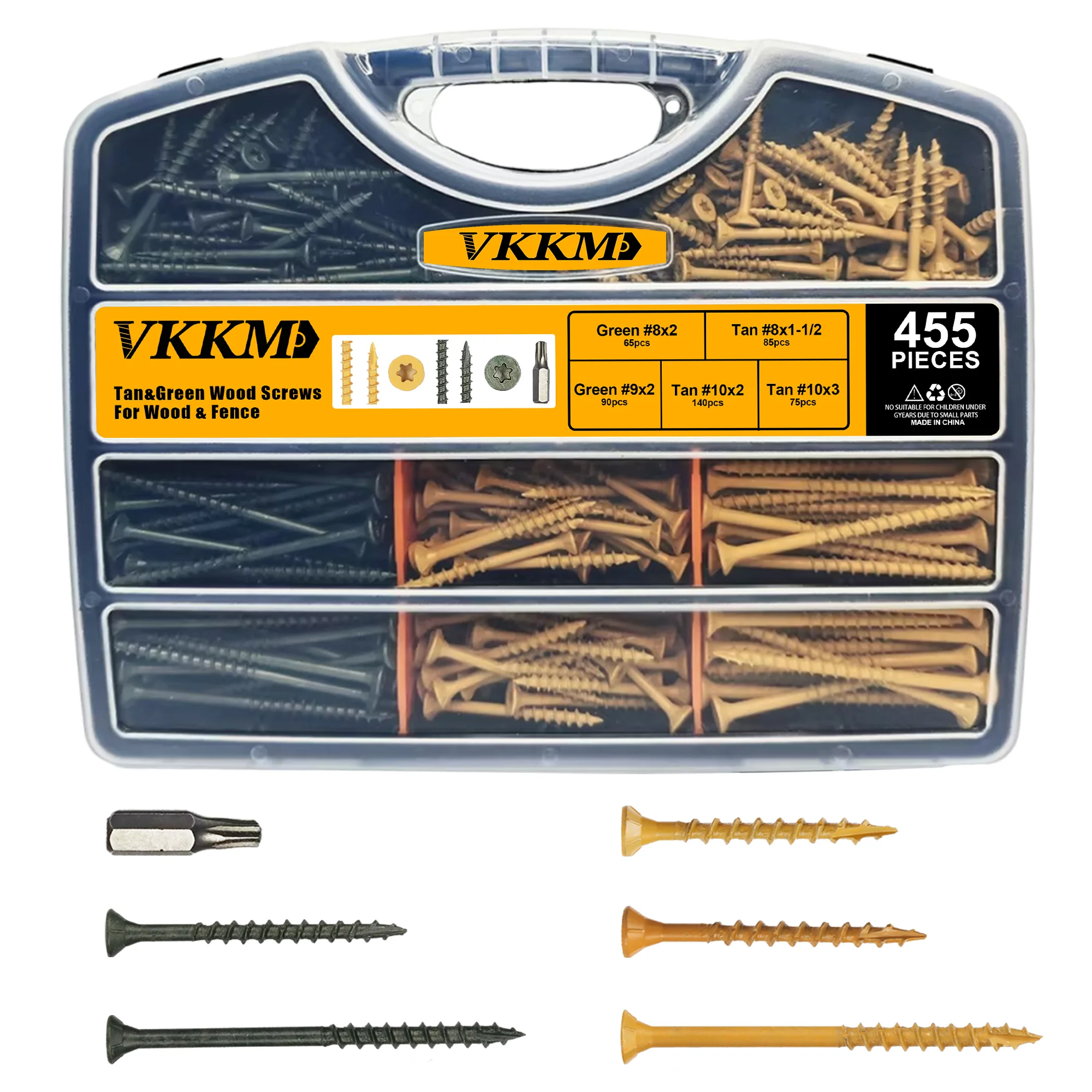 VKKM Premium Wood Screws Kit 455 Pieces, Versatile Sizes for Wood & Fence, Easy Installation with T25 Star Drive Head