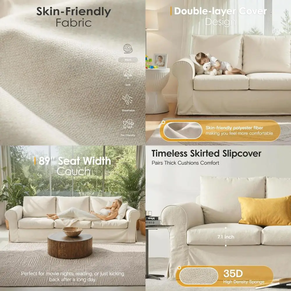 

89 Cream White 3-Seater Deep Seated Comfort Couch with Removable Linen Cover and Rolled Arm Design