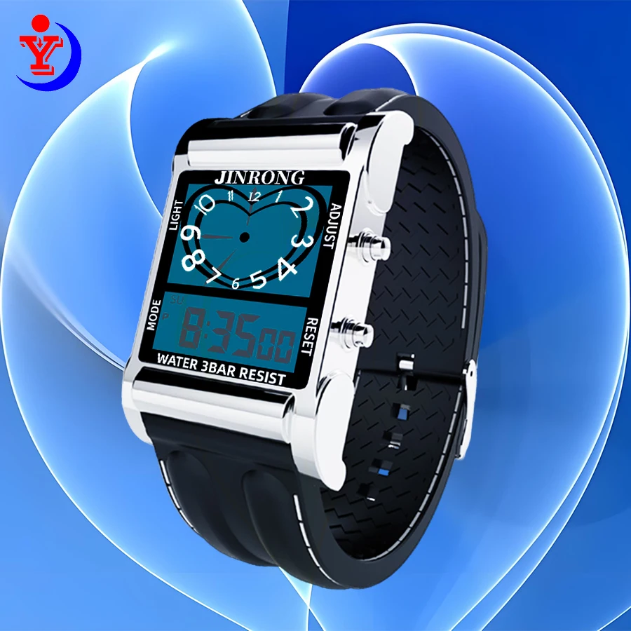 남녀 공용 패션 스포츠 크로노그래프 시계, 디지털 및 포인터 듀얼 디스플레이, 30M 방수, 아연 합금 직사각 케이스