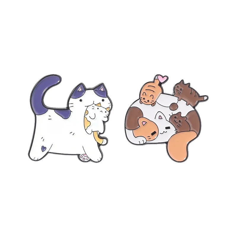 Cat Mother Kittens Cartoon Enamel Pin Cute Chubby Cat Parent-Child Interactive Play Brooch Badge Jewelry Gift for Cat Lovers