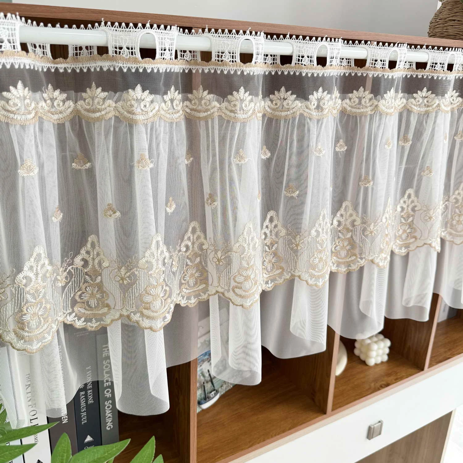 Rusitc Beige Embroidered Tulle Lace Short Valance Curtain for Kitchen Cabinet Sheer Voile Small Window Vintage Farmhouse Decor