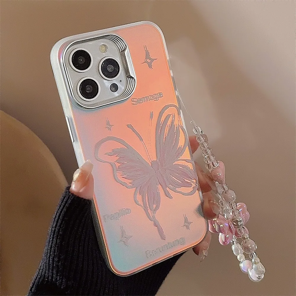 Luxus Rosa Schmetterling Muster Laser Telefon Fall Für iPhone 12 13 14 15 16 Pro Max Armband Kette Stoßfest stoßstange Abdeckung Fundas