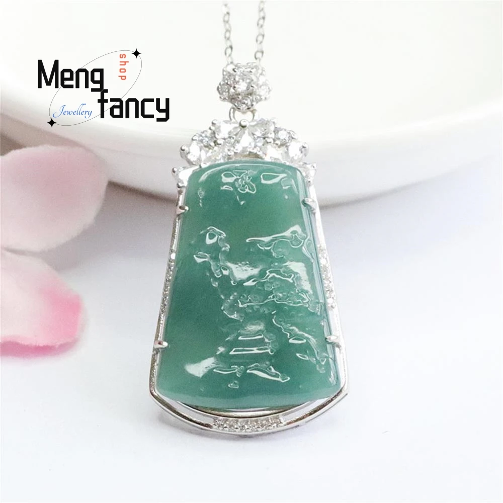 

S925 Silver Inlaid Natural A-goods Jadeite Landscape Pendant Exquisite High-grade Luxury Fashion Jewelry Handicraft Holiday Gift