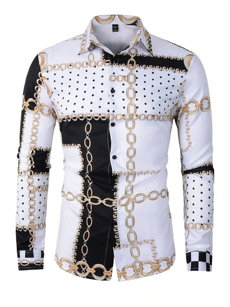 

2026 New's Button Lapel Shirt Suit Casual Fashion Series Men's Tops Chain HD Pattern Prom Men's Long Street Outdoor Sleeve Shirt