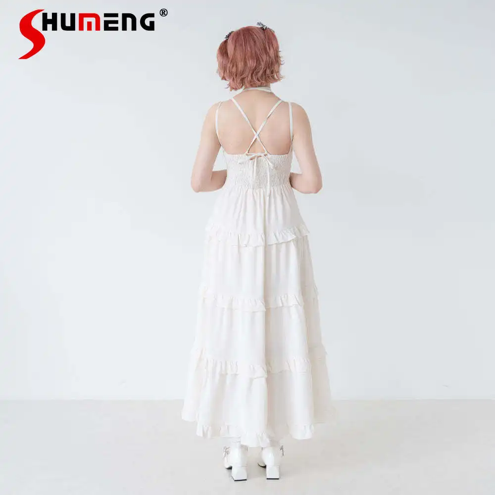 Japanese Style Sweet Long Slip Dress for Women 2024 Spring New Cute Elastic Waist Pleated Cake Strap Dresses Ladies Robe Femme