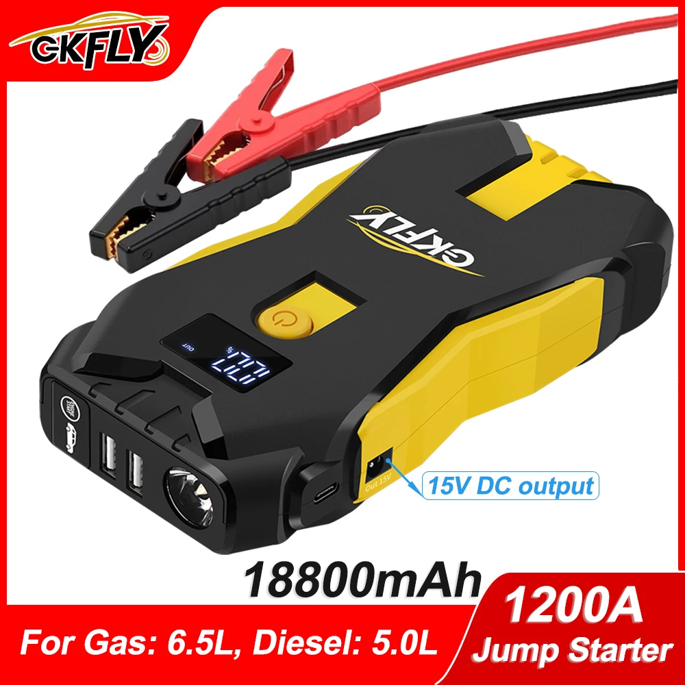 

GKFLY Car Jump Starter 18800mAh Power Bank 1200A Portable 12V Car Battery Booster Starting Device for Gas 6.5/Diesel 5L Cars