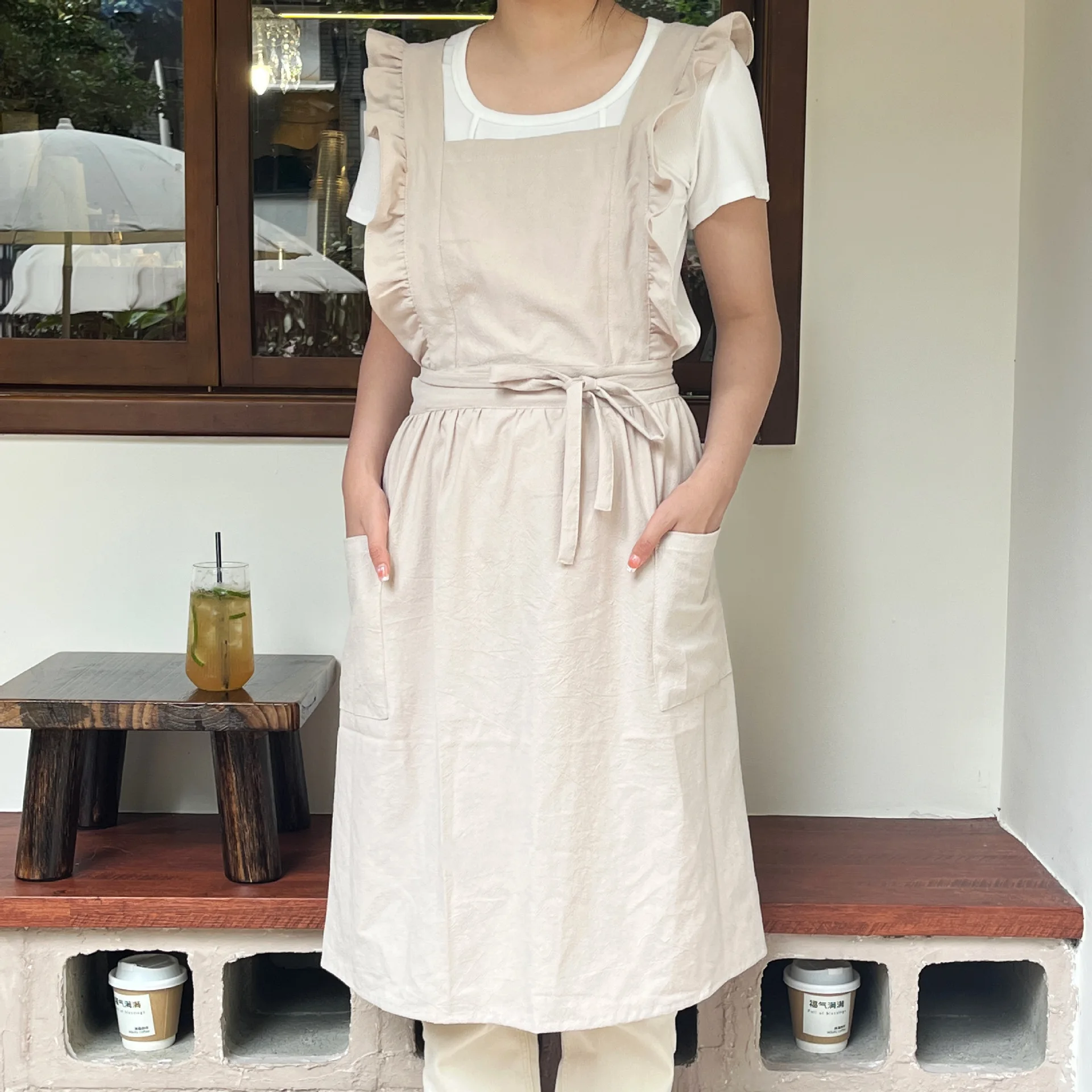 

Cotton Linen Apron for Women Cross Back Kitchen Cooking Aprons with Pockets Vintage Baking Gardening Work Apron Pinafore Dress