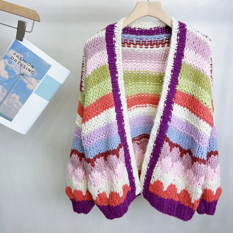 

Красочный милый вязаный кардиган средней длины с толстыми иглами ручной работы в стиле бохо, свободный свитер в стиле ретро, новинка 2025, осенне-зимний свитер, пальто