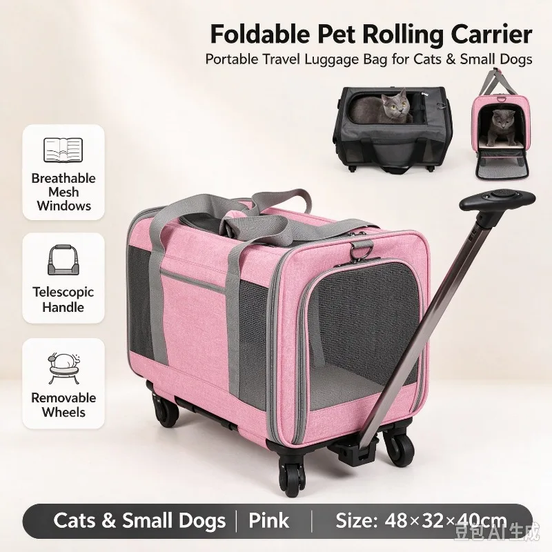 Large Capacity Pet Travel Trolley Case Breathable Cat Carrier, Rolling Kennel for 2 Cats Dogs Outdoor Walking Use