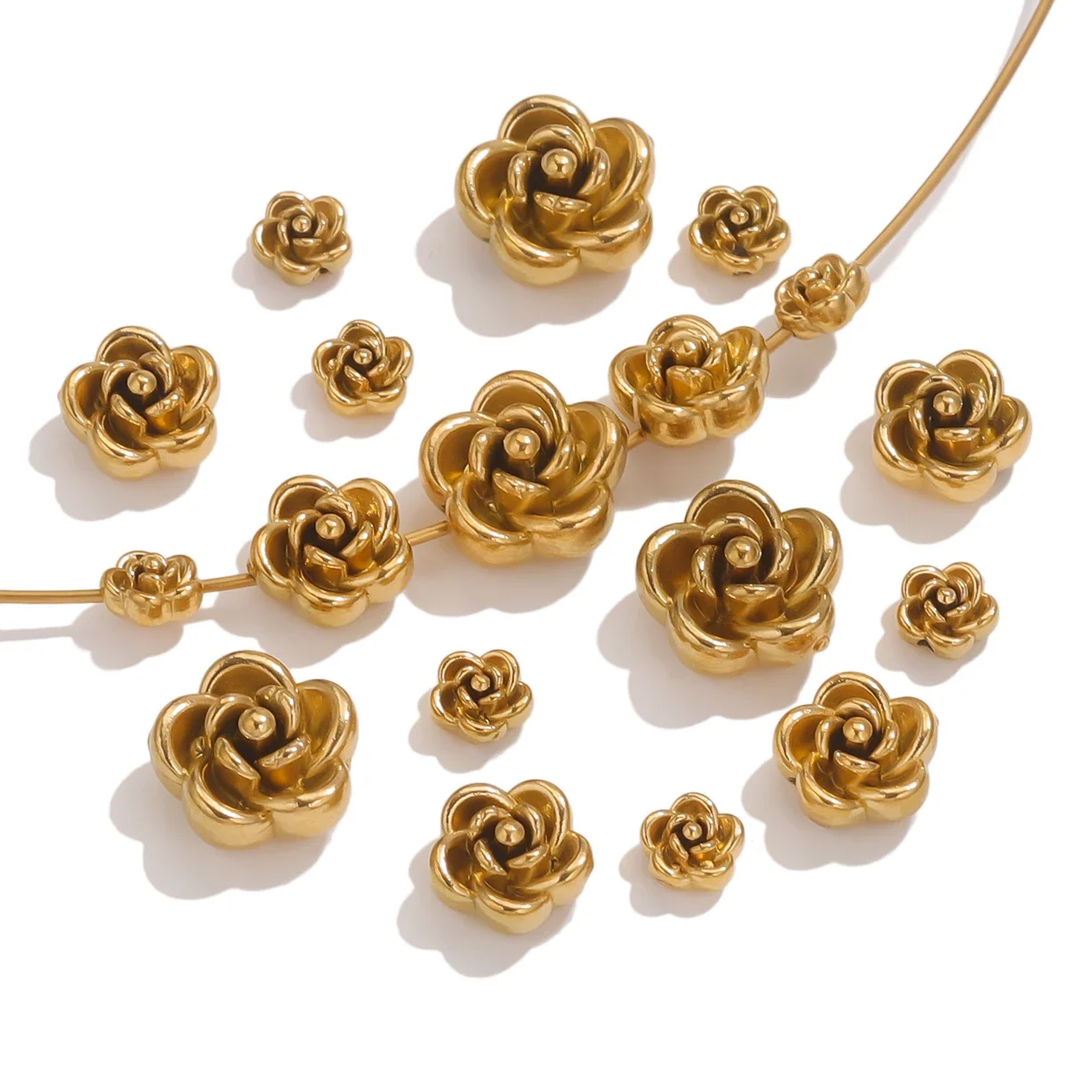 

10PCS 5/8/10mm Solid Stainless Steel 3D Rose Bead PVD Gold Plated for The Production of Women's Gold Necklace Bracelet Wholesale