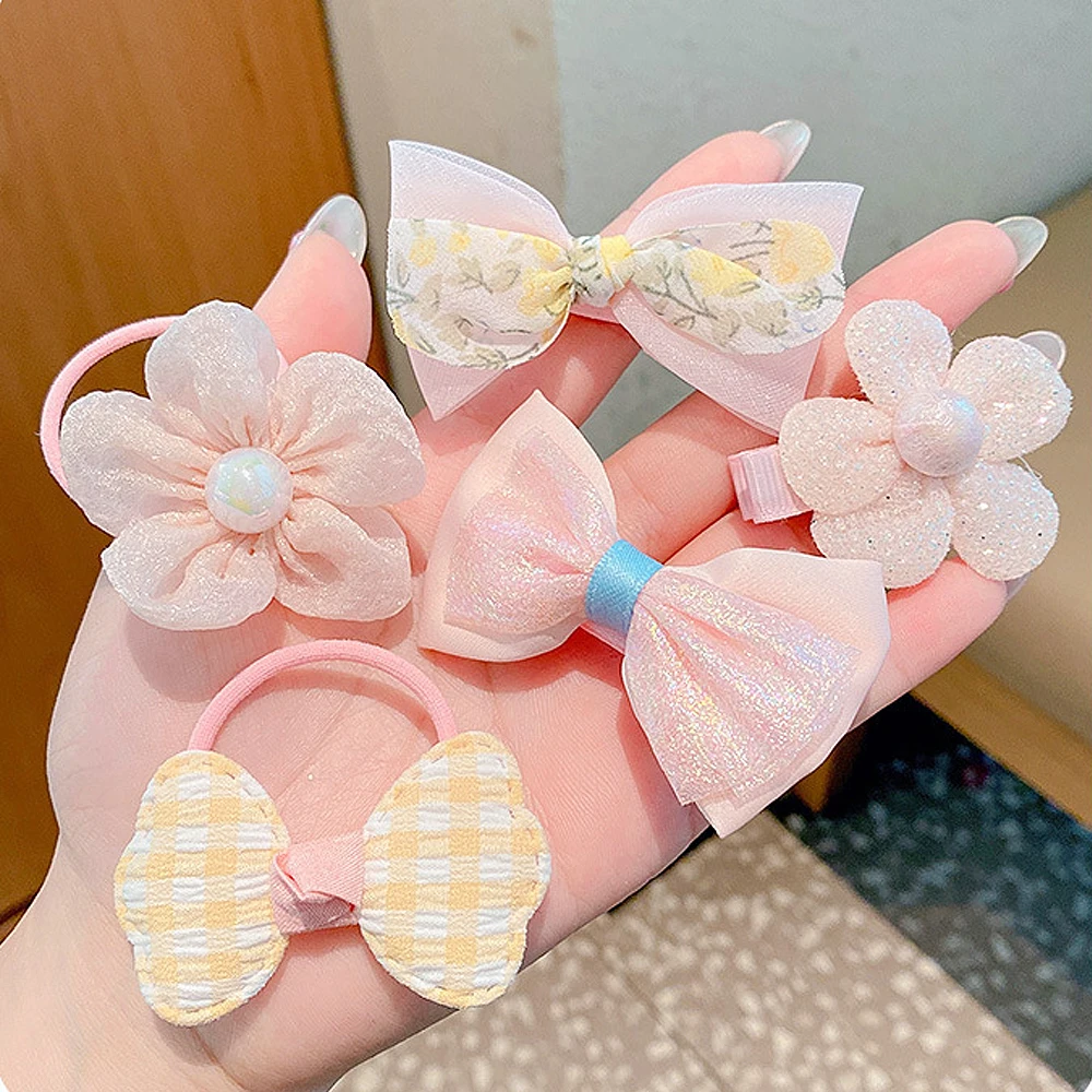 10pcs Children Bowknot Hair Clips Flower Hair Rope Set Elastic Ponytail Holder Rubber Band Toddle Girl Cute Side Bangs Barrettes