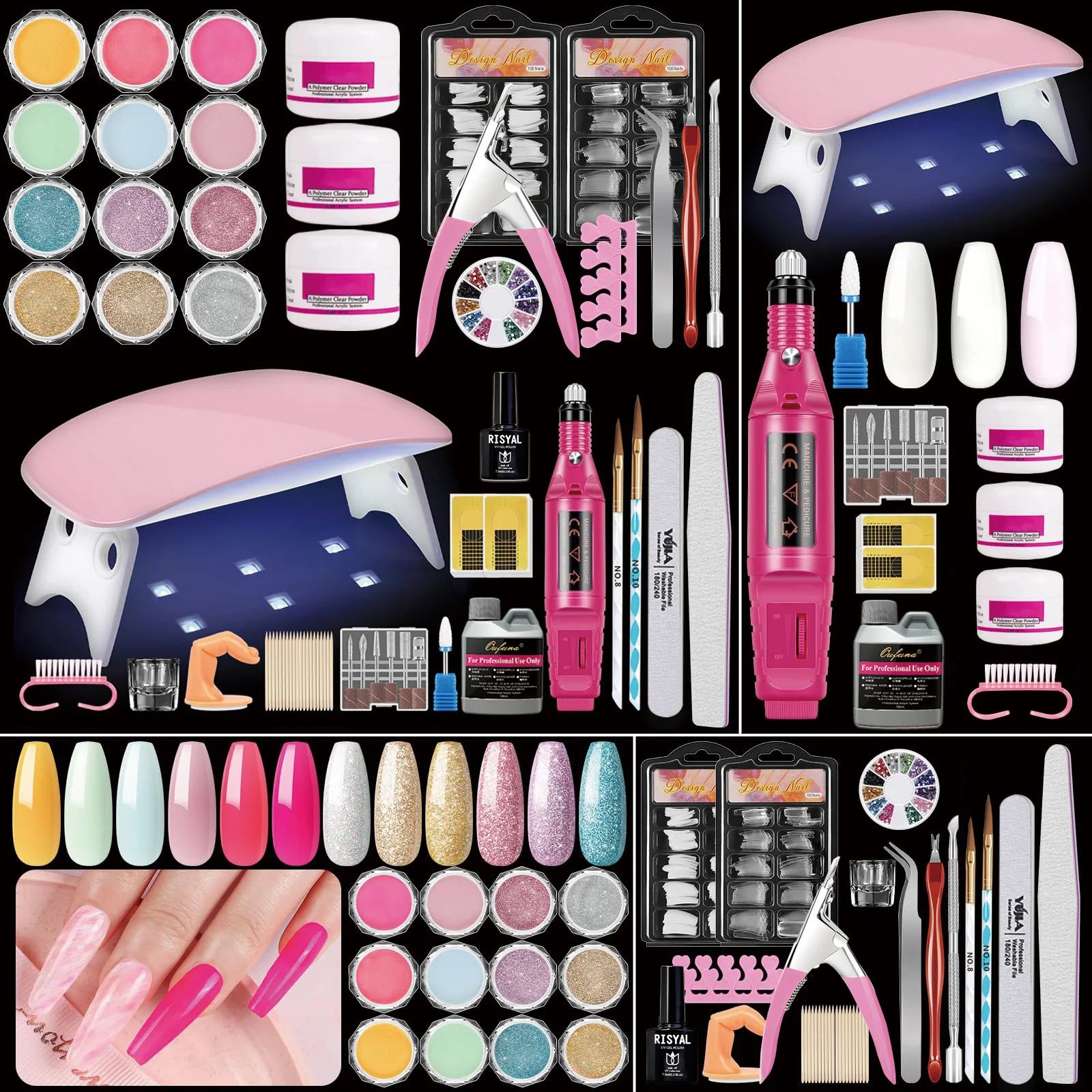 초보자를 위한 아크릴 네일 키트, 모든 네일 용품 포함, 드릴과 UV 라이트가 포함된 아크릴 세트, 전문가용 글리터 파우더 데코