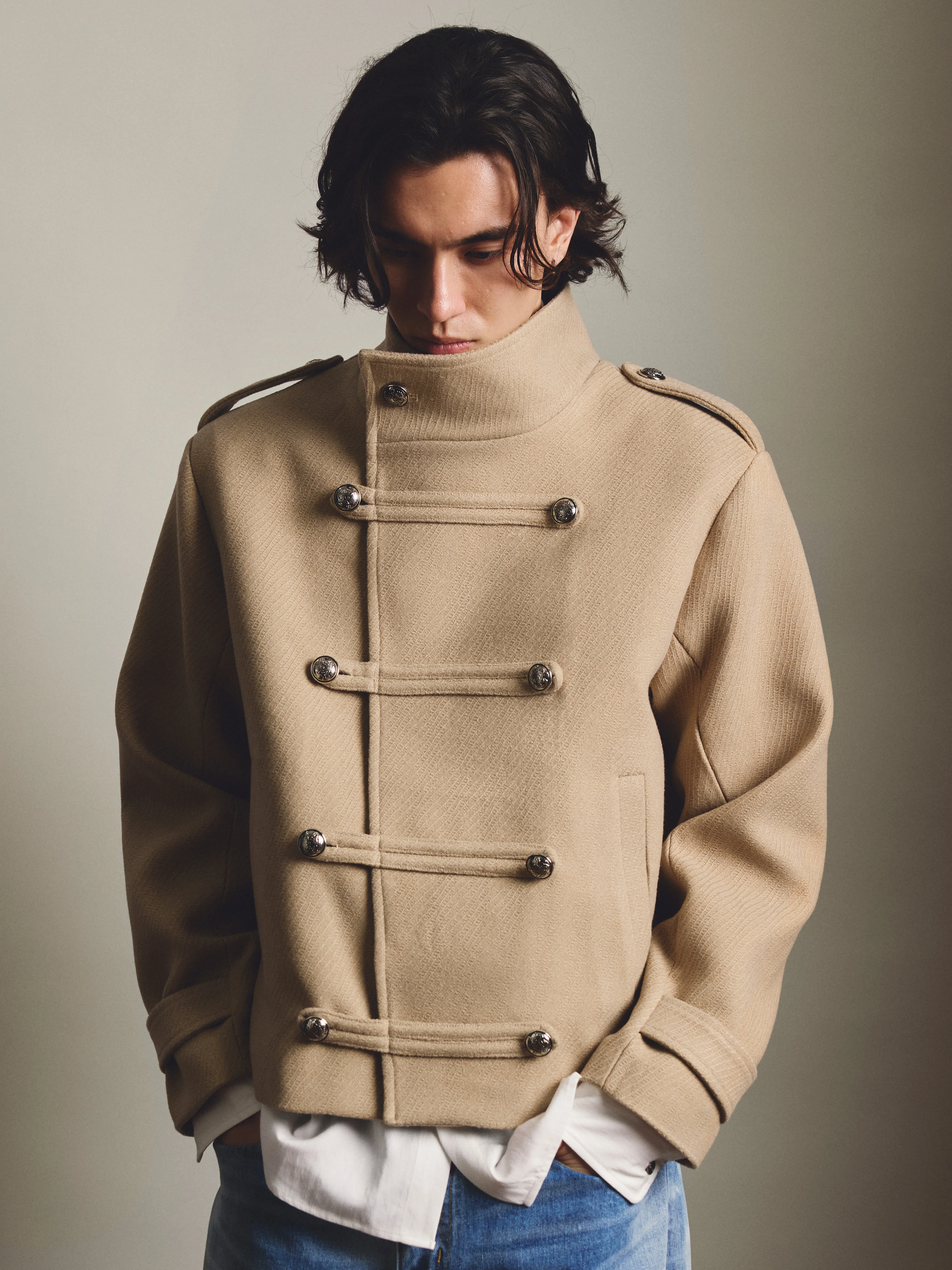 Napoleon Tree Pattern Woolen Jacket Stand Collar Asymmetrical Zipper Standard Fit Long Sleeve for Men And Women