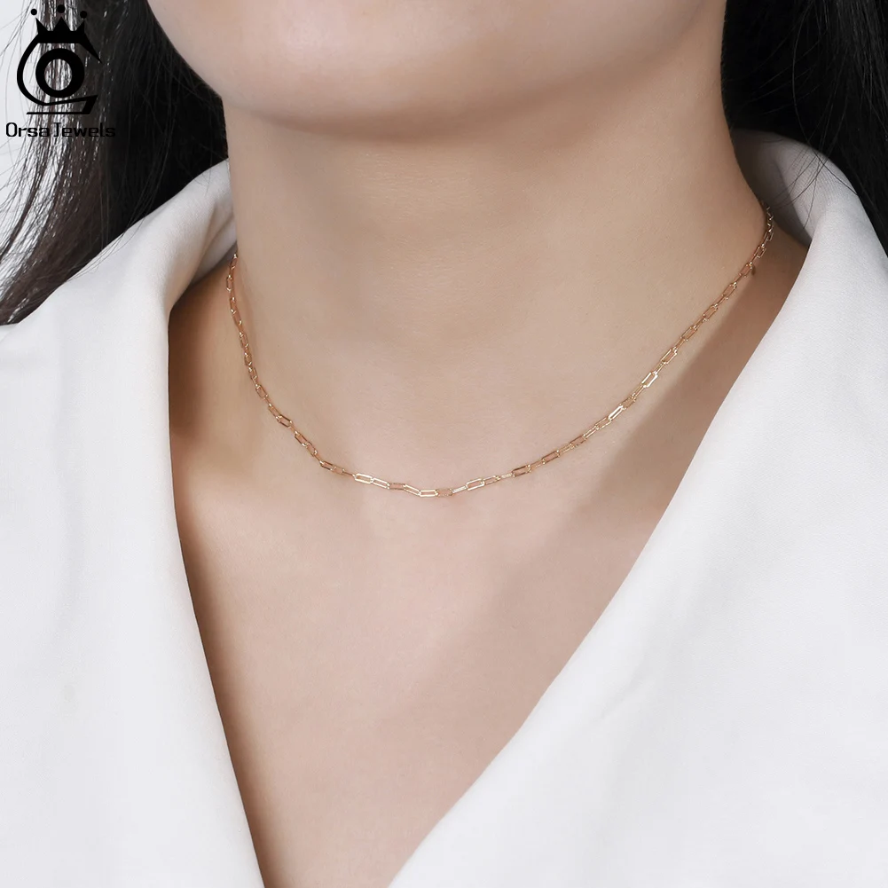 ORSA JEWELS 925 Sterling Silver Paperclip Chain Necklace for Women 14K Gold Plated Chain Necklace Girl Birthday Party Gift SC64