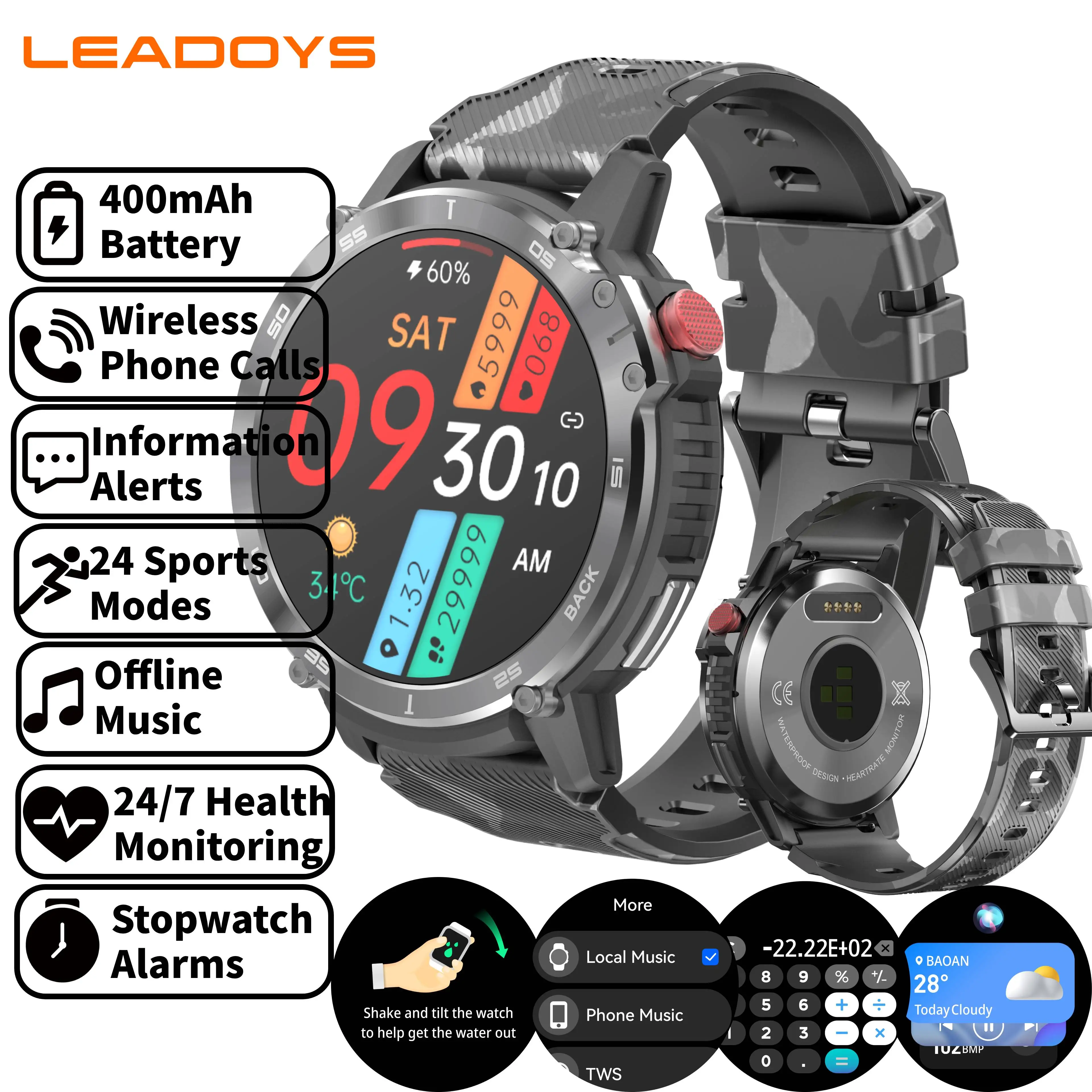 

Смарт-часы LEADOYS с автономной музыкой, мульти-часы с циферблатом, Bluetooth, оповещения о сообщении, умные часы Reloj для Android и IOS