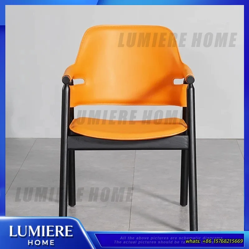 Luxury Simple Saddle Leather Dining Chair with Armrest Solid Wood Backrest for Living Room Study Hotel Restaurant Use Modern
