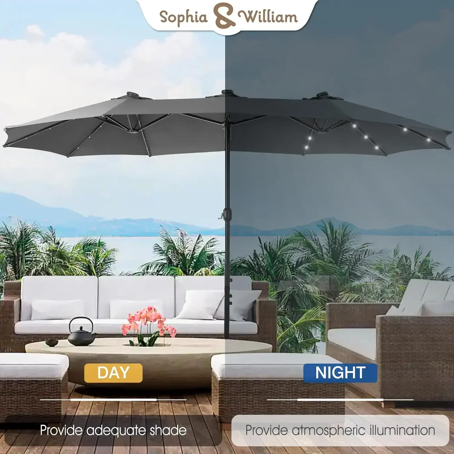 15 ft Extra Large Patio Umbrella with Solar Lights, Rectangular Outdoor Umbrella with Base Included, Market Umbrella Double-side
