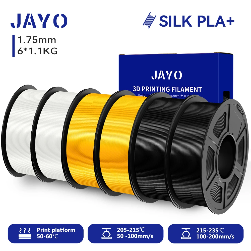 JAYO 6 Rollen SILK PLA + Filament 1,75 mm SILK PLA Plus Filament, glatte, seidige, glänzende Oberfläche, 3D-Filament, geeignet für FDM-Drucker