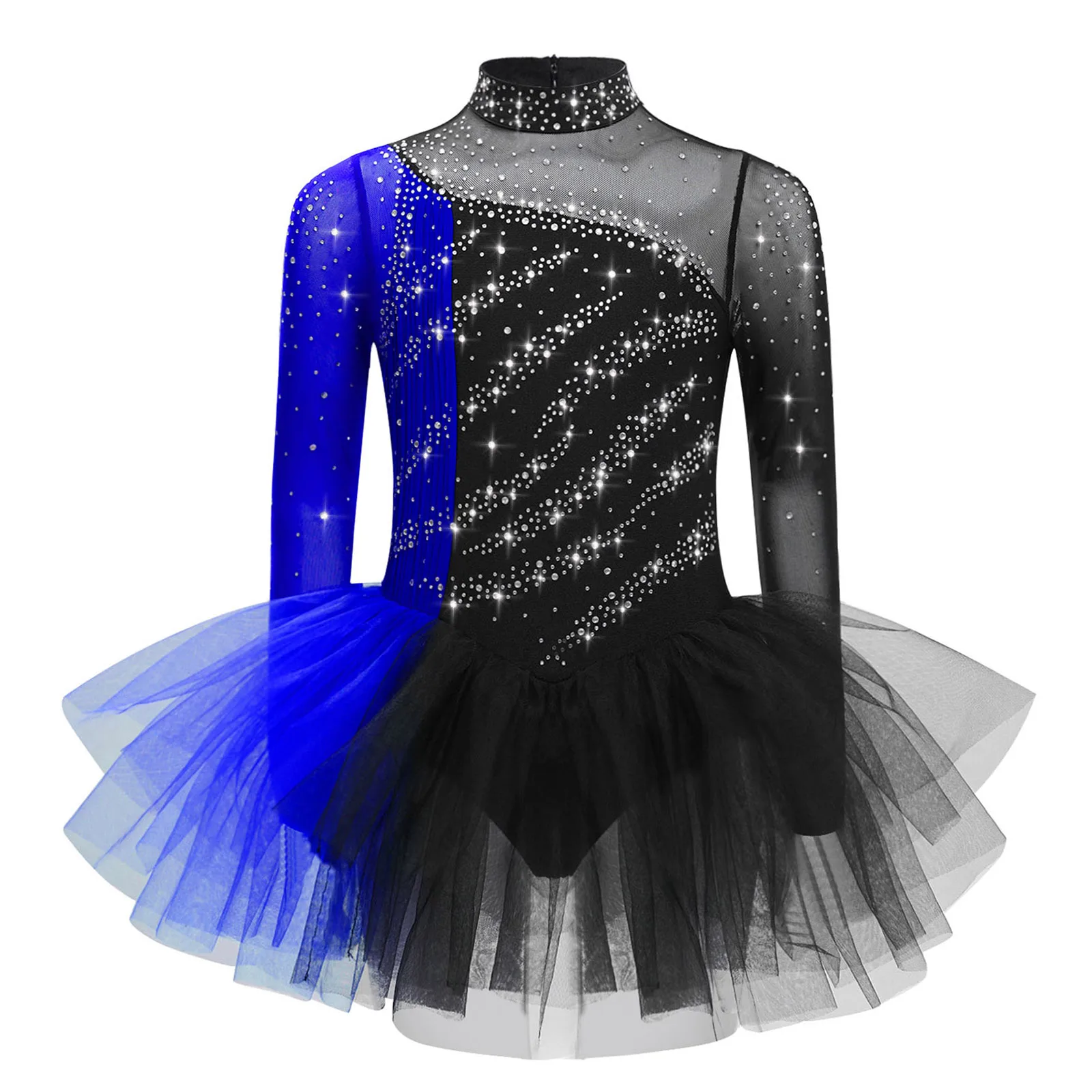 

Kids Girls Competition Figure Skating Dance Costume Tutu Spin Skirt Luminescent Crystals Color Block Lyrical Ballet Dance Dress