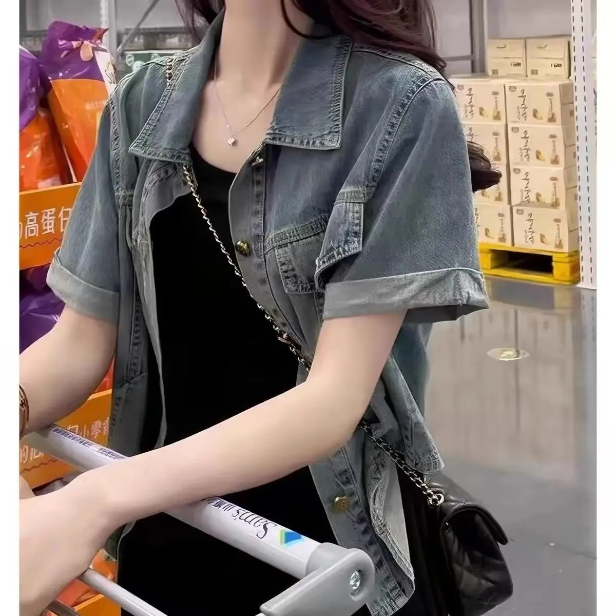 

Short-Sleeved Denim Jacket Female Summer New American Retro Cowboy Coat Casual Joker Thin Jeans Outerwear Fashion Women Overwear
