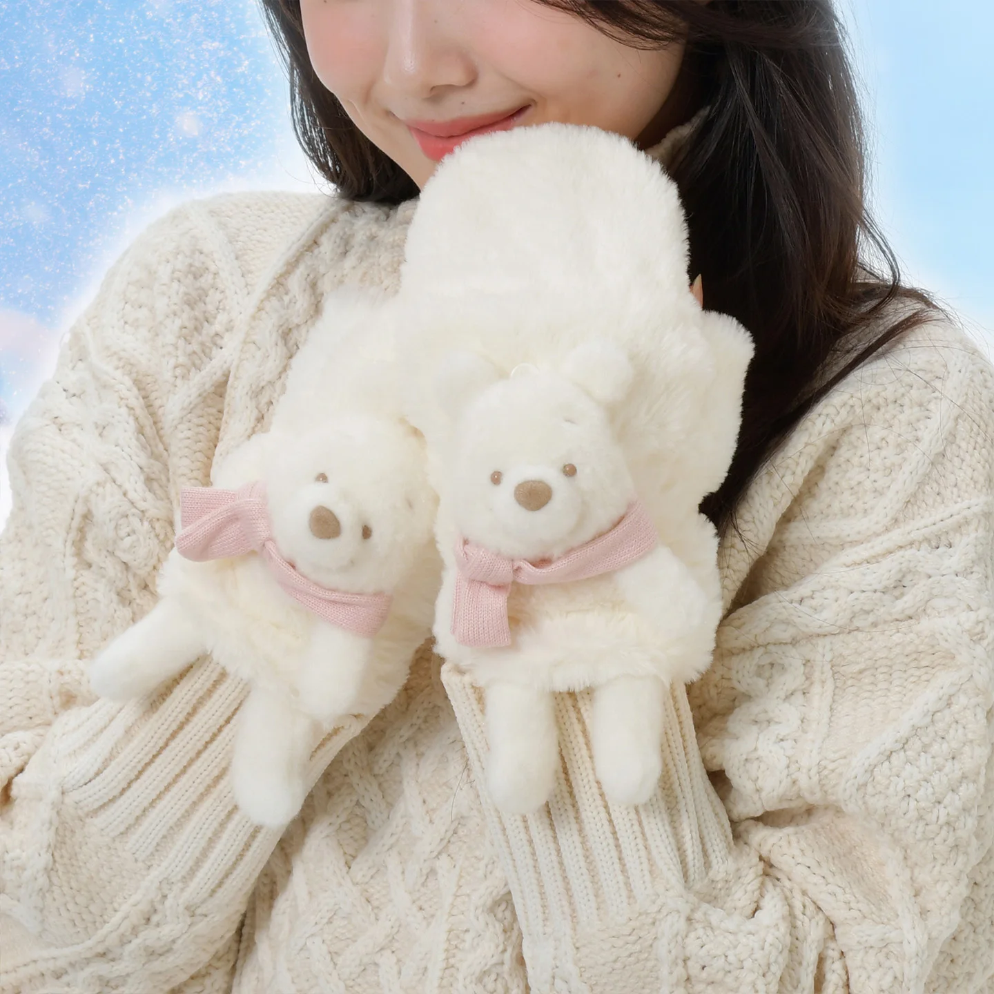 قفازات ديزني الرسمية للشتاء على شكل قلب ويني ذا بوه من القطيفة ثنائية الأغراض بدون أصابع، وشاح دافئ لطيف وجميل، رباط شعر