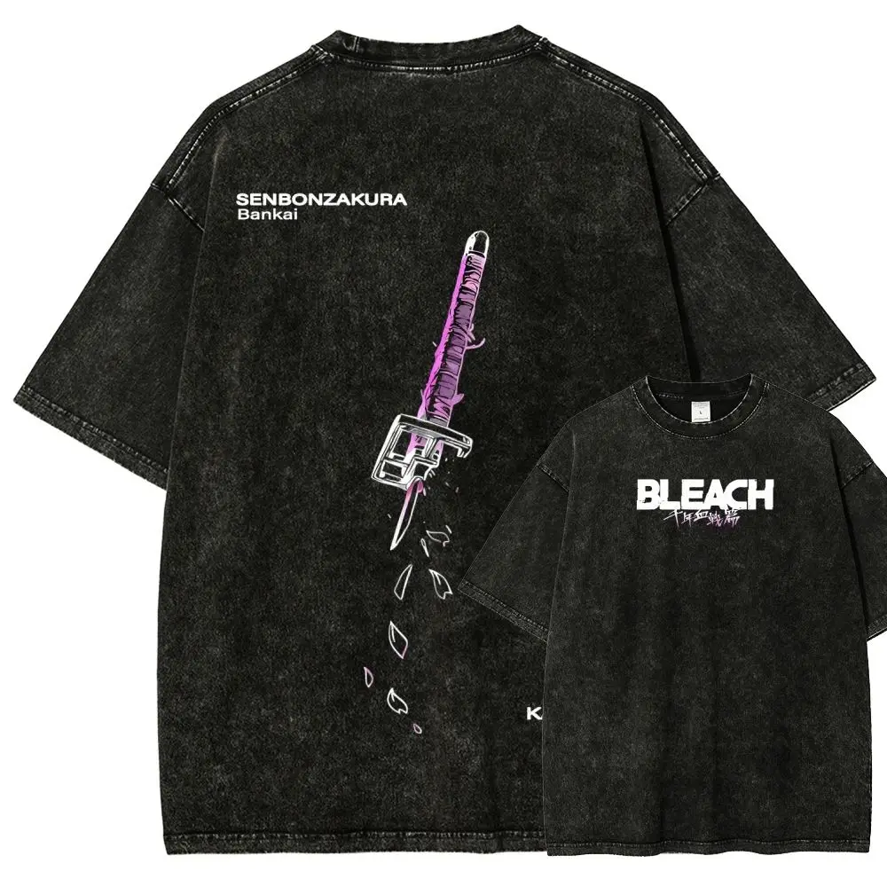 Bleach Ichigo Kurosaki Dual Sided Washed T-shirt Hollow Mask Zangetsu Anime Print Oversized Cotton Vintage Tee for Otaku Fans