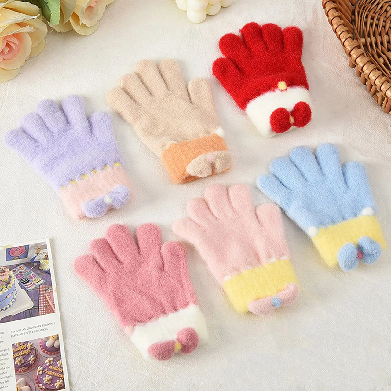 겨울용 따뜻한 핑크 리본 소녀 장갑 어린이 니트 리본 장갑 아기 손난로 어린이 5-10세 분리형 손가락 장갑