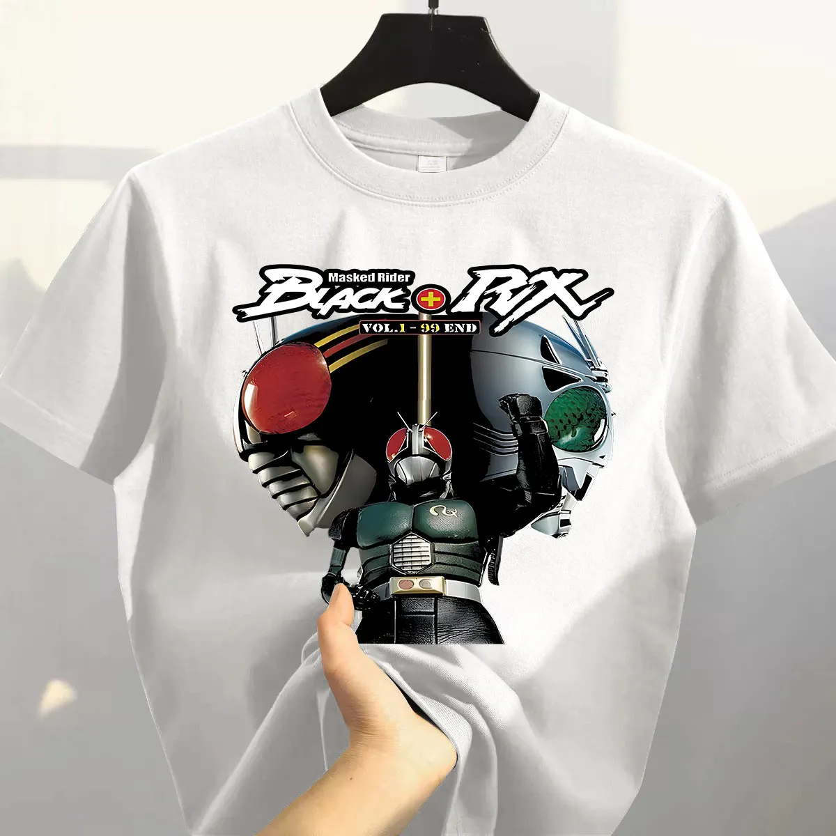 New Kamen Knight Shirt Retro Japanese Special Photo T-Shirt Masked Knight Pattern Short Sleeve Anime Style Streetwear 90s Style