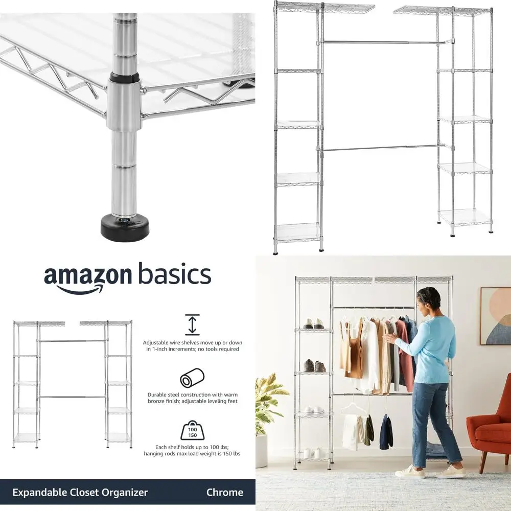 

Adjustable Metal Closet Organizer with Hanging Rod and Shelves, 57-80 L x 14 W x 72 H, Chrome