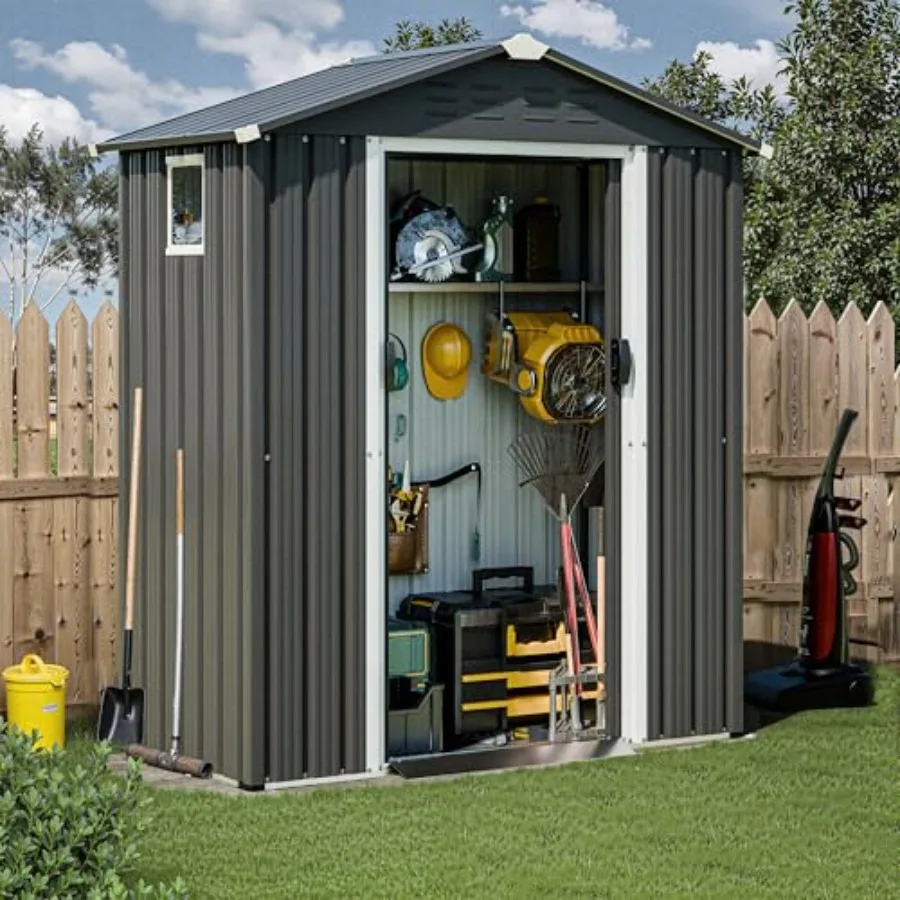 5x3 FT Metal Outdoor Garden Storage Shed, Waterproof Metal Garden Sheds with Window and Lockable Double Door, Weather Resistant