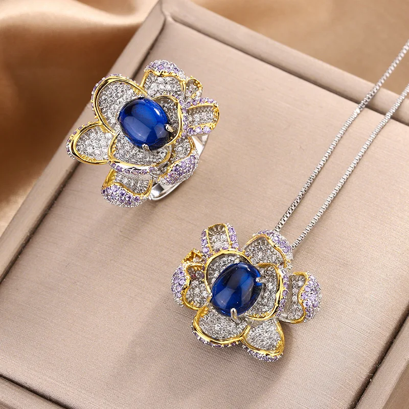 

Ring Necklace Sapphire High-end Sense Elegant Versatile Rose Flower Fashion Commuter Women's Style