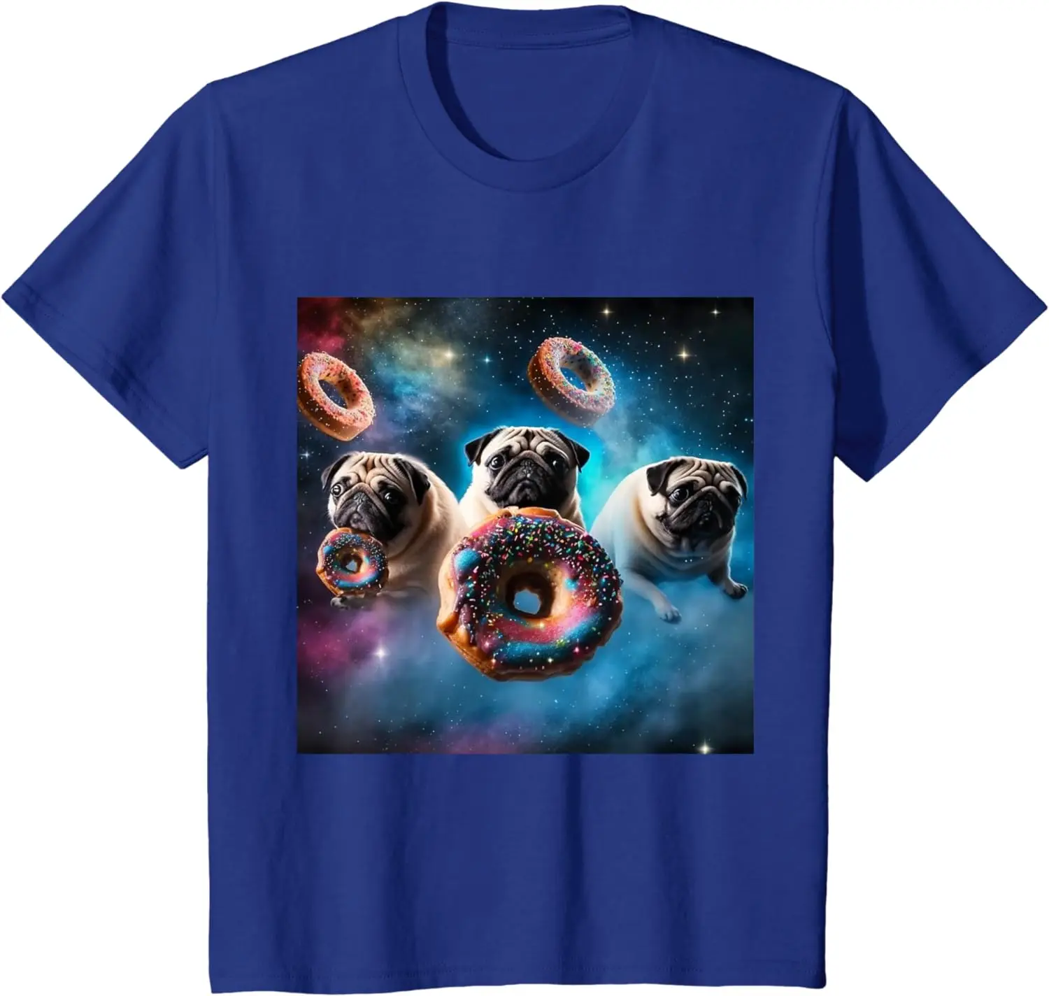 Funny Pugs in Space with Donuts Cute Pug Space Boys Girls Men Women T-Shirt Hiphop Streetwear Cartoon Clothes Cotton